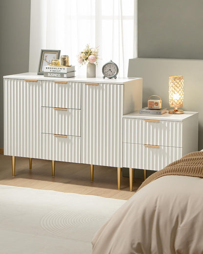 White Sideboard Cabinet with 3 Drawers, Glossy Fluted Buffet Storage