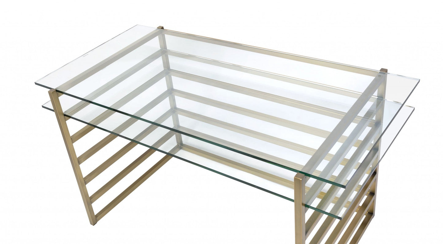 28inches X 56inches X 31inches Antique Gold Clear Glass Metal Desk