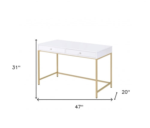 Sleek and Glossy White and Gold Office Desk