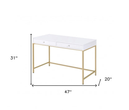 Sleek and Glossy White and Gold Office Desk