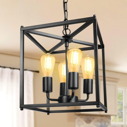 4-Light Black Farmhouse Chandelier, Iron Lantern Pendant Light Rustic