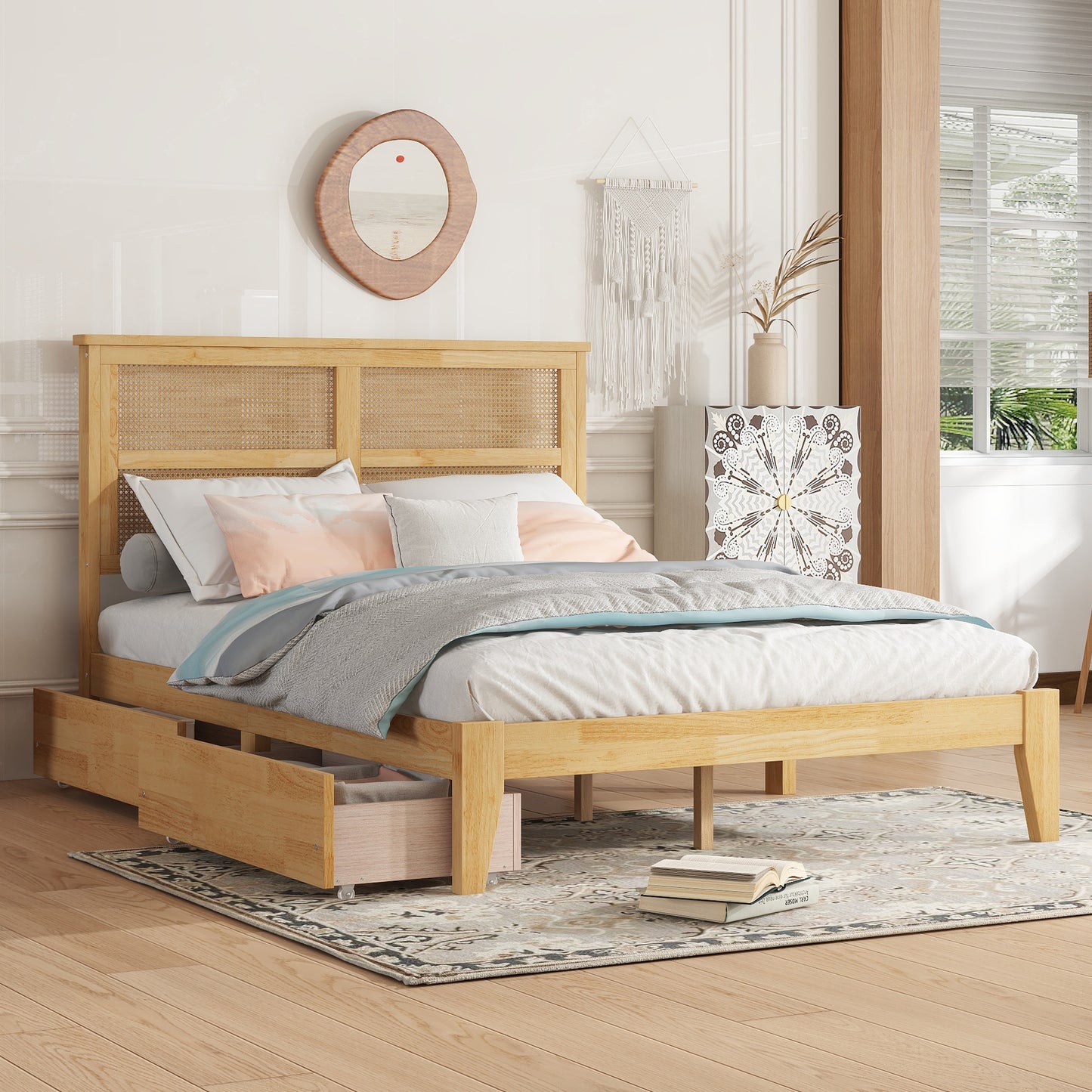 Full Size Bed with Rattan Headboard, Two Storage Drawers, Rubber Wood Bed with Enhanced Support Slats and Feet,White Oak