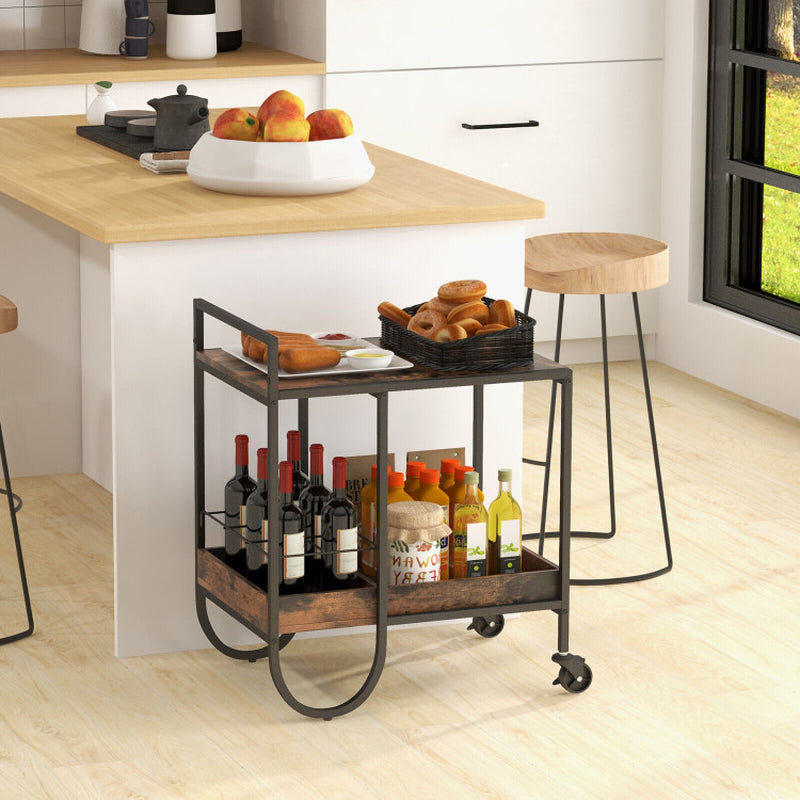 Rolling Buffet Serving Cart with Removable Metal Wire Wine Rack