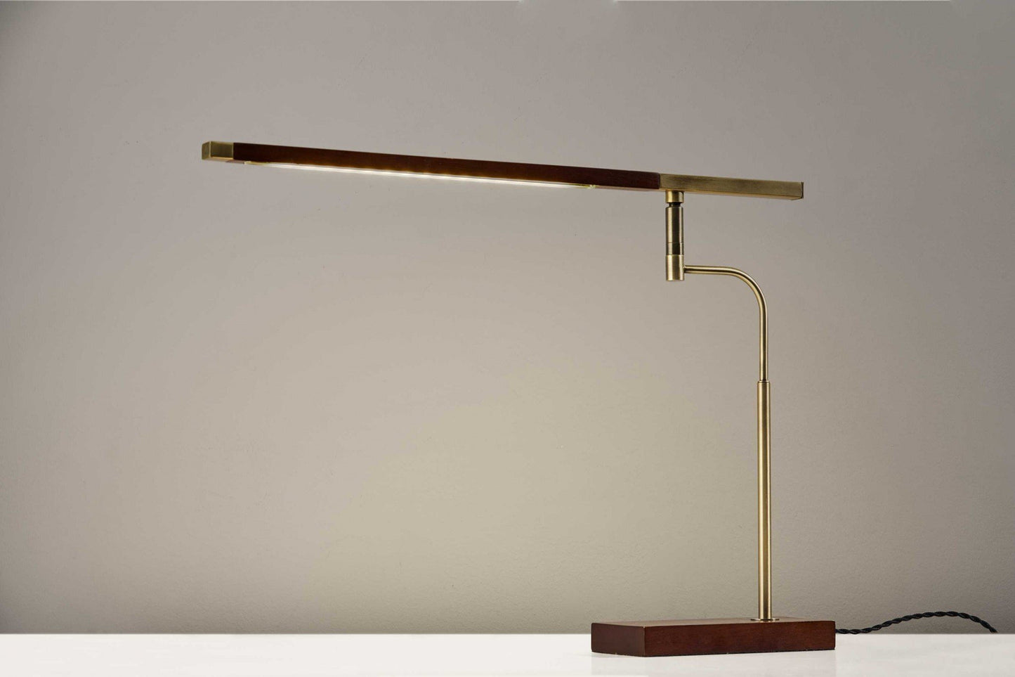 Walnut Wood Finish and Antique Brass Metal Adjustable LED Desk Lamp