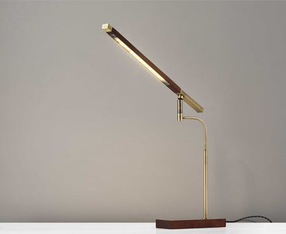 Walnut Wood Finish and Antique Brass Metal Adjustable LED Desk Lamp