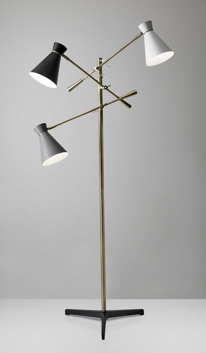 Three Arm Adjustable Floor Lamp in Brass Metal with Grey Black and