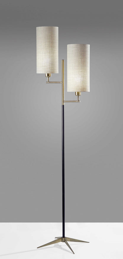 Two Light Modern Floor Lamp with Glass Cylinder Shade and Metal Tripod Base