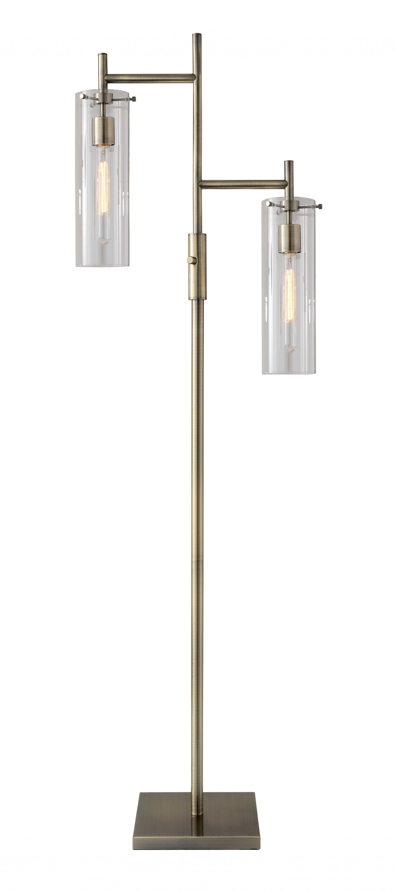Two Light Modern Floor Lamp with Glass Cylinder Shade and Metal Tripod Base