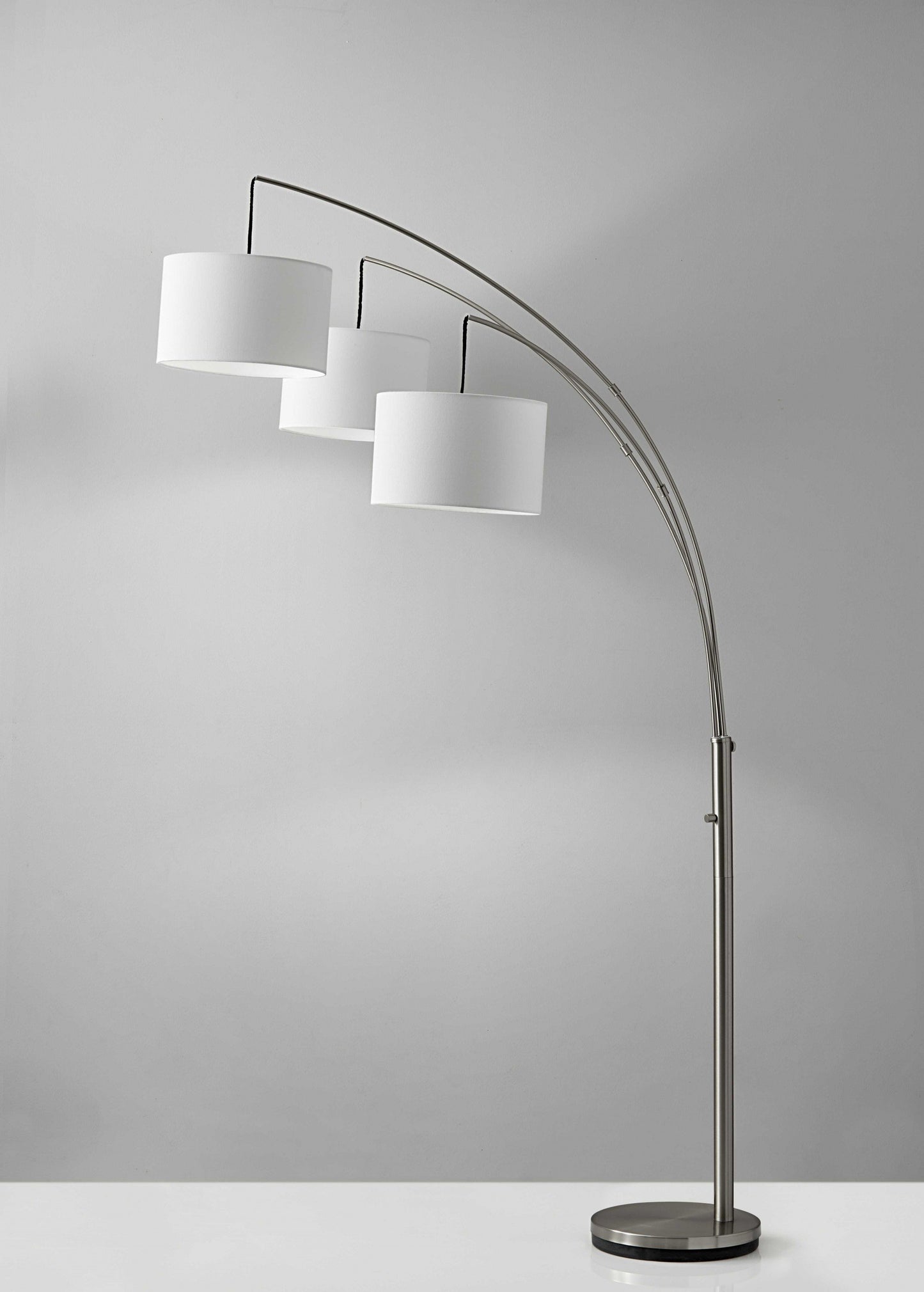 Three Light Brushed Steel Metal Arc Floor Lamp with Suspended White