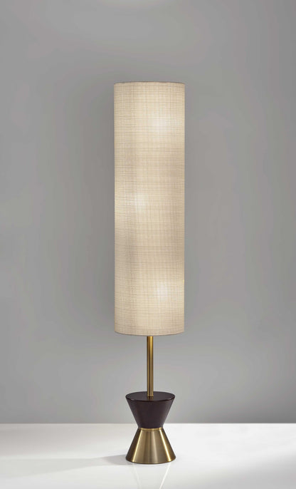 Brass Wood Diabolo Floor Lamp with Tall Textured Beige Shade