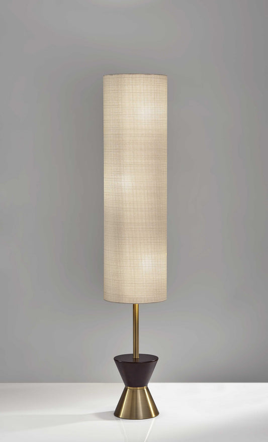 Brass Wood Diabolo Floor Lamp with Tall Textured Beige Shade