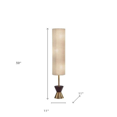 Brass Wood Diabolo Floor Lamp with Tall Textured Beige Shade