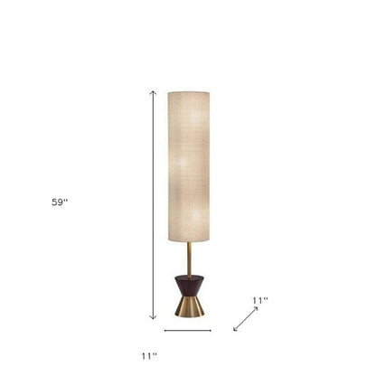 Brass Wood Diabolo Floor Lamp with Tall Textured Beige Shade