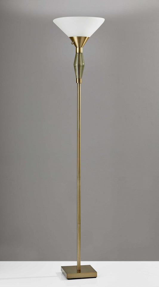 Green Glass Bauble Torchiere Floor Lamp in Burnished Brass Finish