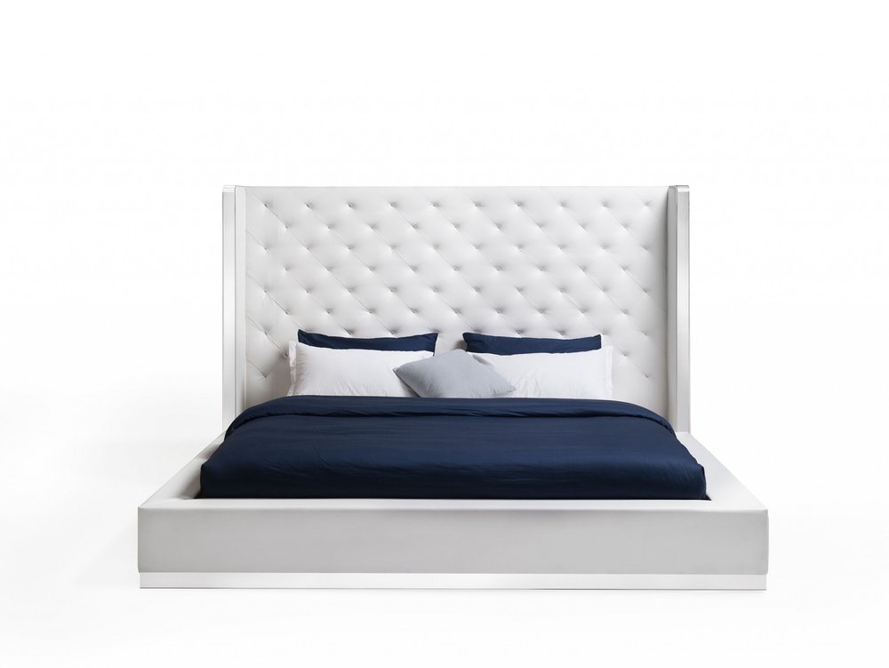 White Tufted Faux Leather King Bed Frame