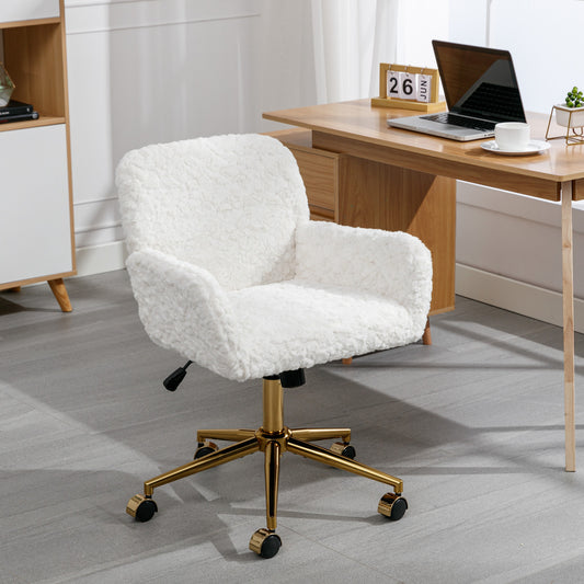 A&A Furniture Office Chair, Faux Fur Home Office Chair with Golden Metal Base (White)