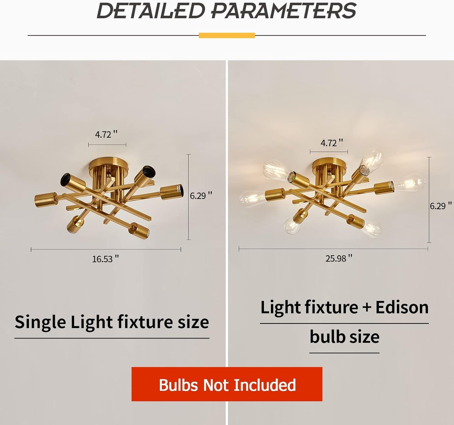 6-Lights Semi Flush Mount Ceiling Light Fixture Gold Modern Matte
