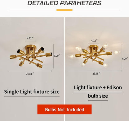 6-Lights Semi Flush Mount Ceiling Light Fixture Gold Modern Matte