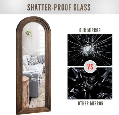 Wooden Arched Floor Mirror with Distressed Style - Wall Mounted Wide