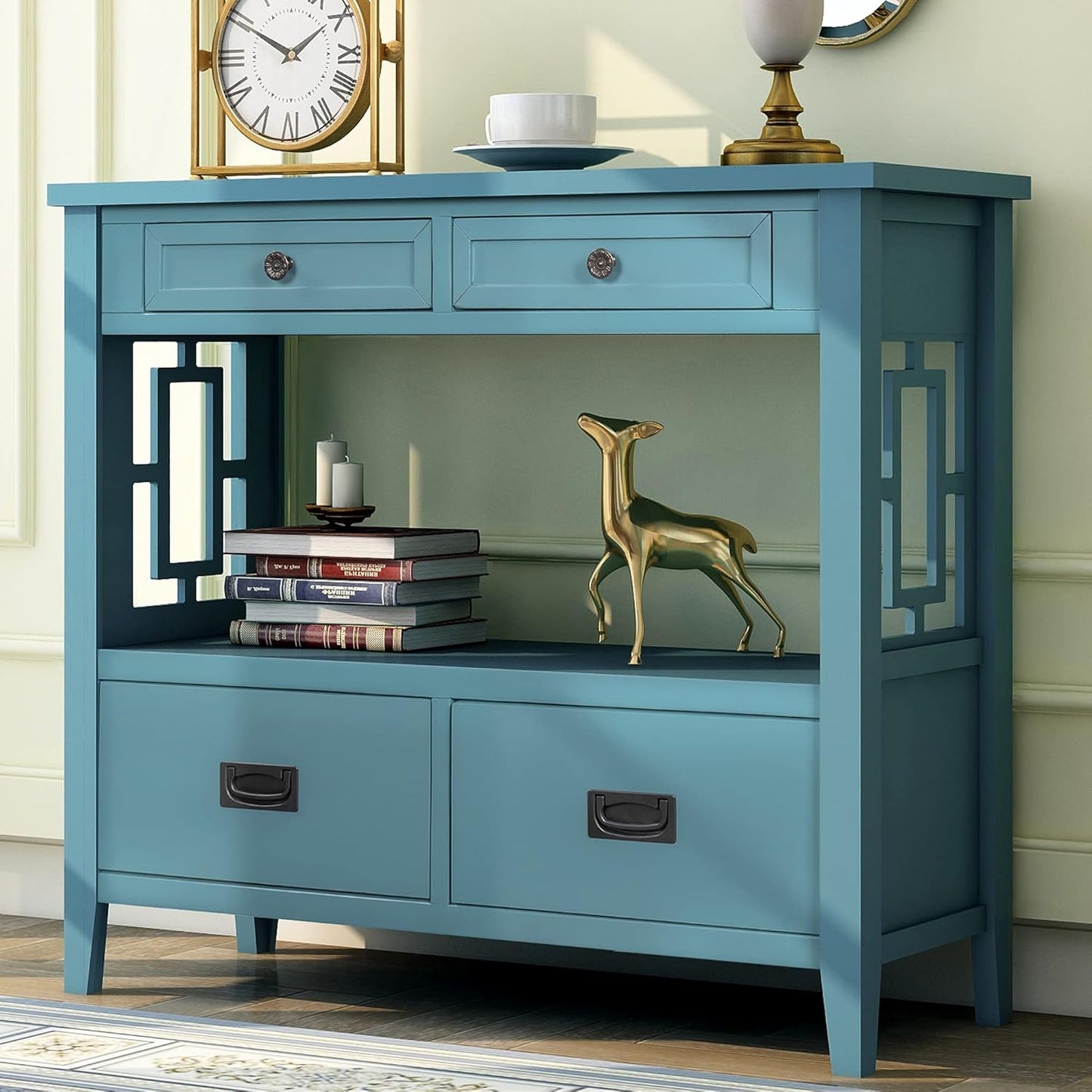 P PURLOVE 36" Wood Console Table with 4 Drawer,2 Tier Console Table with Bottom Shelf for Entryway Hallyway Sofa Table for Bedroom Living Room