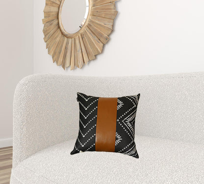 Black and White Pearl Geo with Brown Faux Leather Pillow Cover