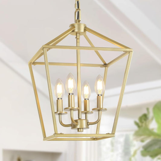 4 Light Chandelier, Industrial Ceiling Light Gold Lantern Light