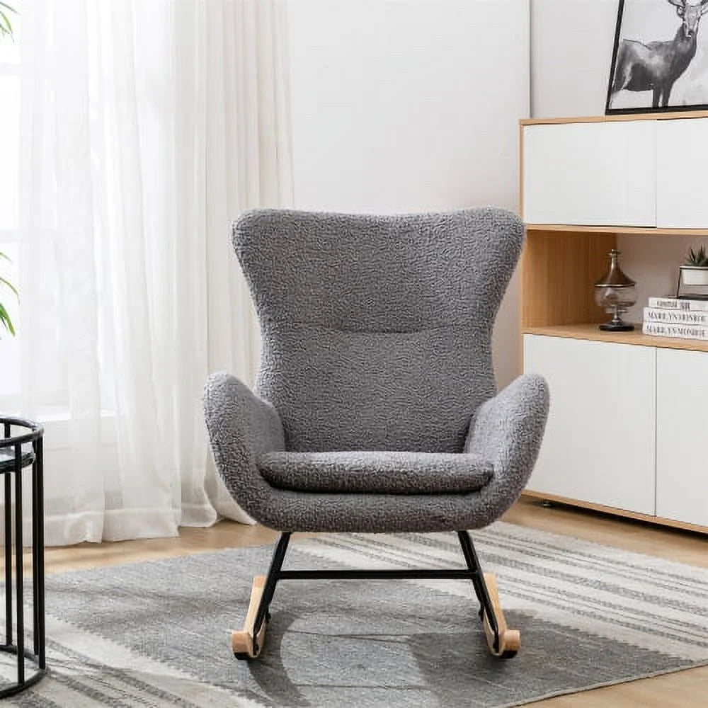 Teddy Rocking Chair, Comfy Armchair with High Backrest and Armrests, Modern Upholstered Accent Glider Rocker Armchair with Solid Wood Legs for Living Room, Bedroom,Gray