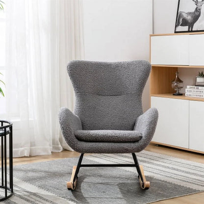 Teddy Rocking Chair, Comfy Armchair with High Backrest and Armrests, Modern Upholstered Accent Glider Rocker Armchair with Solid Wood Legs for Living Room, Bedroom,Gray