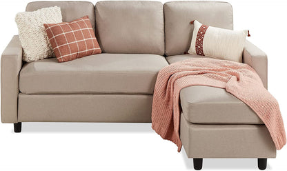 Compact Beige Linen Sectional Sofa with Chaise Lounge