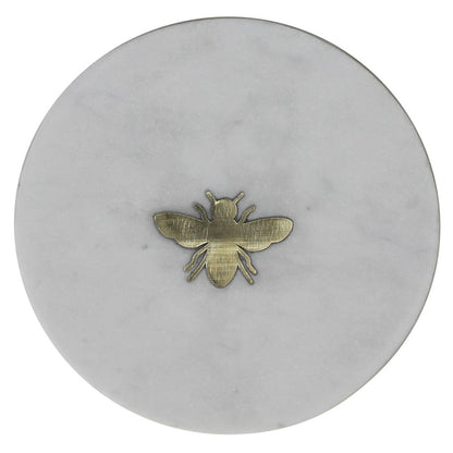 6" White And Gold Bumble Bee Inlaid Marble Serving Tray