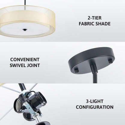 3-Light Drum Chandeliers, 20" Pendant Light Fixture with 2-Layer