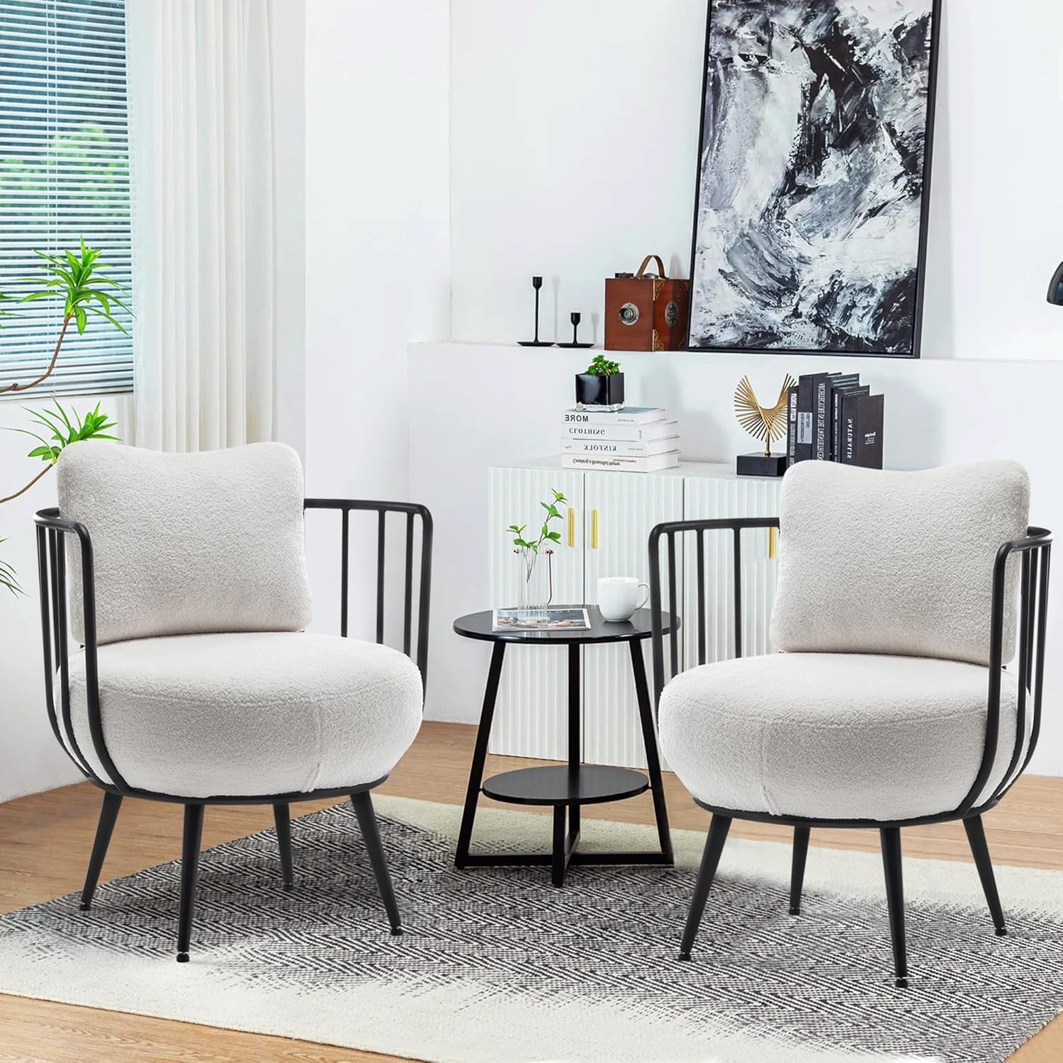 Annjoe Accent Chair Swivel Barrel White Faux Fur Chair round Armchair with Metal Frame Legs for Living Room Bedroom