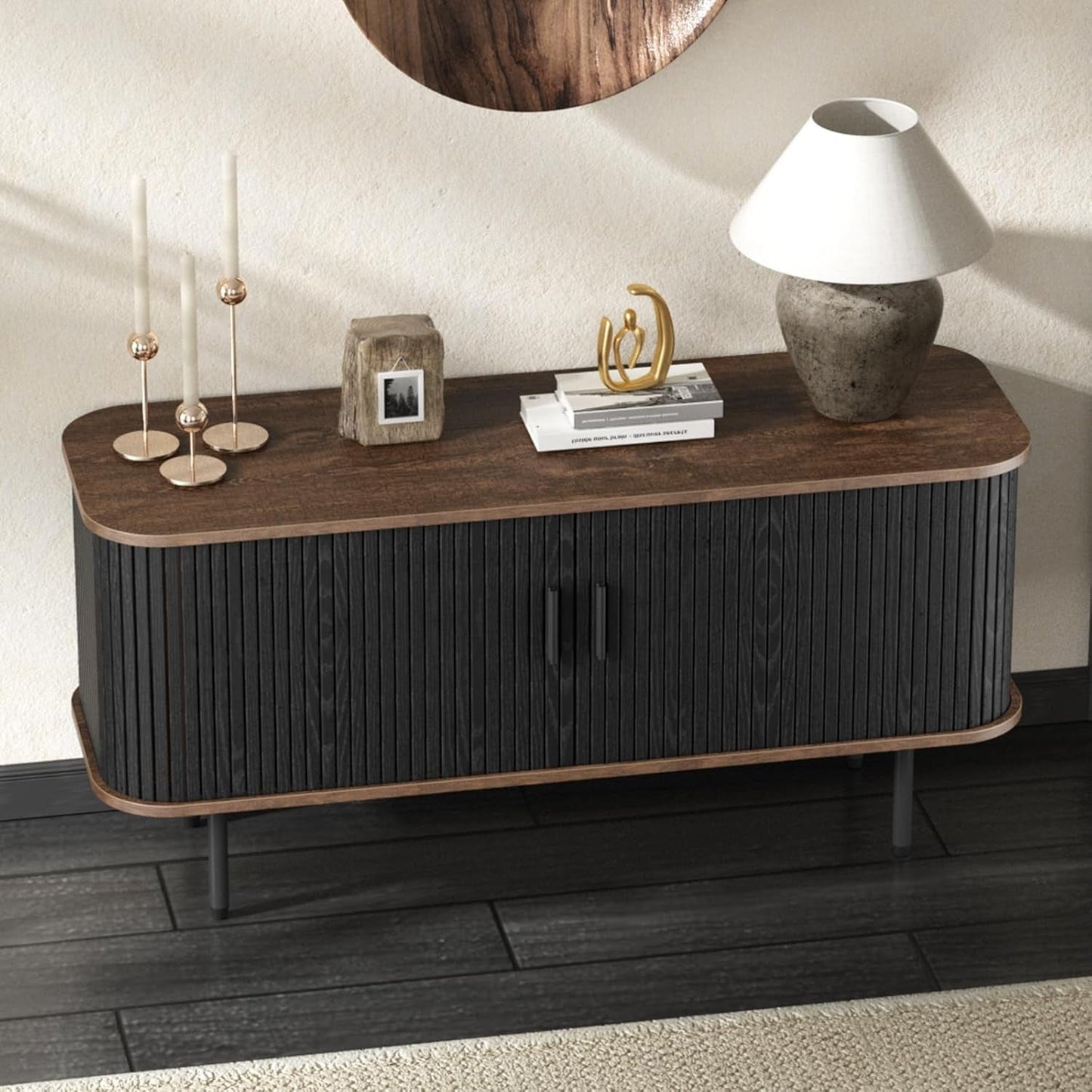 47''W Black Cabinet with Storage, Media Console, Tambour TV Stand,