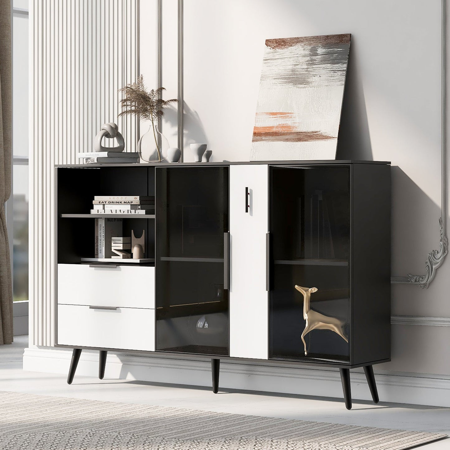 Featured Two-door Storage Cabinet with Two Drawers and Metal Handles,