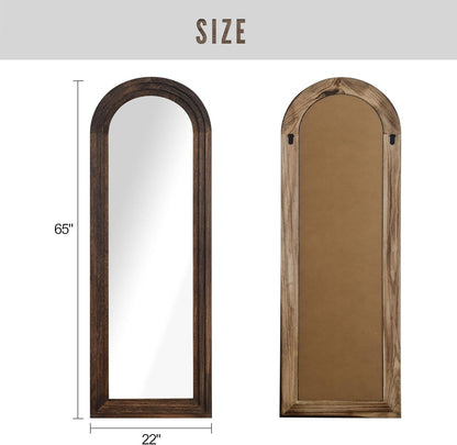 Wooden Arched Floor Mirror with Distressed Style - Wall Mounted Wide