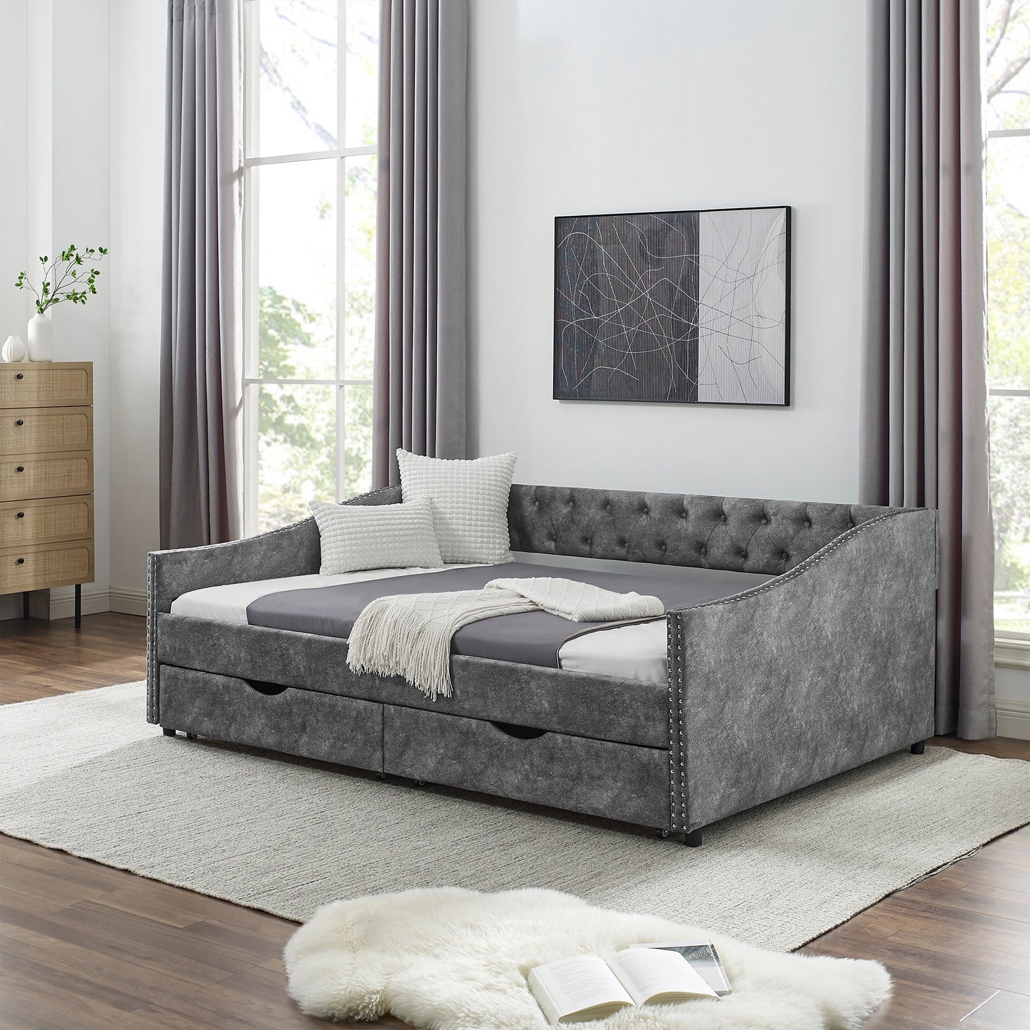 Upholstered Tufted Daybed Sofa Bed with Trundle and Convertible Design