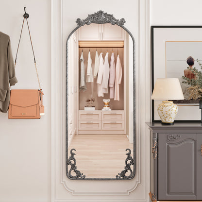 58'x24' Arched Full Body Mirror with Vintage Ornate Carved Applique on Top and Bottom, Hanging Wall Mounted Mirror, for Living Room Bedroom Retro Home Decor Mirror, Antique Silver