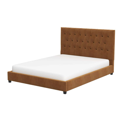 Donald Mid Century Modern Cognac Velvet Platform Bed Queen with Elongated Headboard