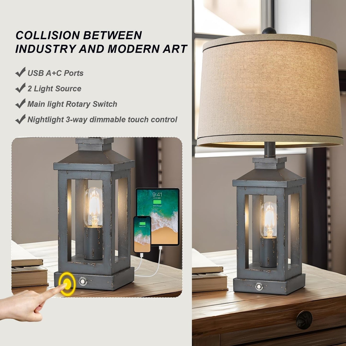 23.75" Farmhouse USB A+C Charging Ports 3-Way Dimmable Touch Control