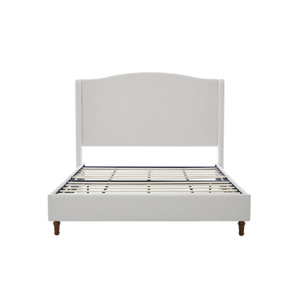 Minimalist Designs Upholstered Wingback Queen Bed with Tall 54' Headboard in Premium Textured Canvas Chenille Look Ivory