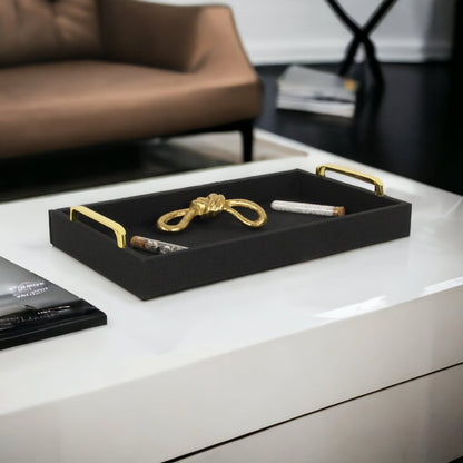 16" Black Wood And Linen Serving Tray With Handles