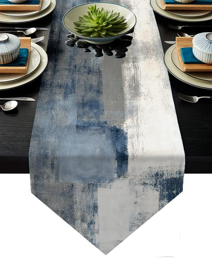 Blue and Grey Table Runner,Abstract Modern Art Burlap Table Runners for Table Dresser Runner Farmhouse Style for Dinner Party Holidays Home Decoration (Blue Grey, 13"X 71")