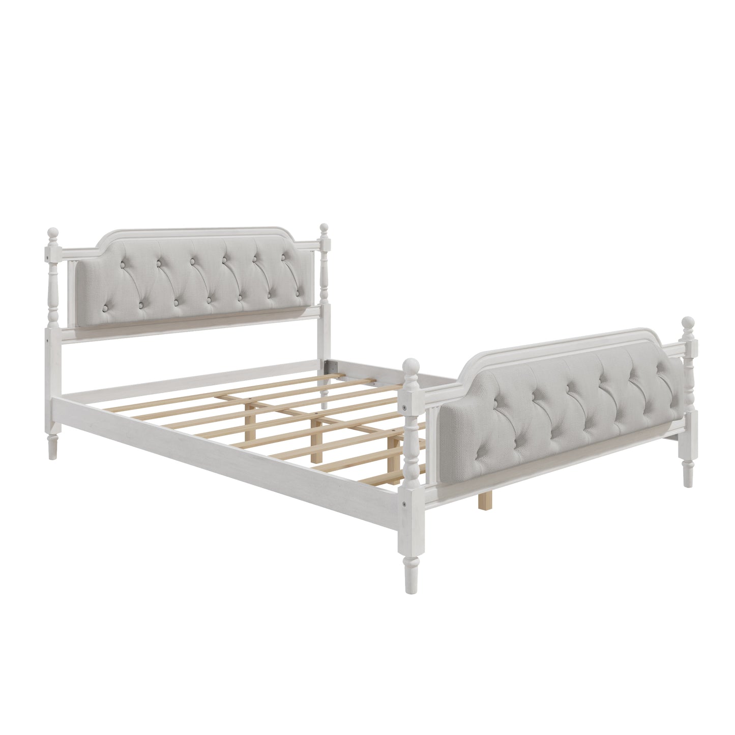 Traditional Style Solid Wood Bed Frame with Upholstered Tufted Headboard, No Box Spring Needed, Queen Size, Antique White