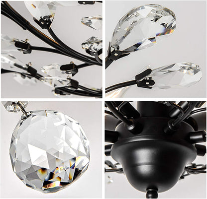 Seol-Light Vintage Crystal Branch Close to Ceiling Light Fixture Black Chandelier Flush Mount with 4 Light 160W 24.5" Dia;
