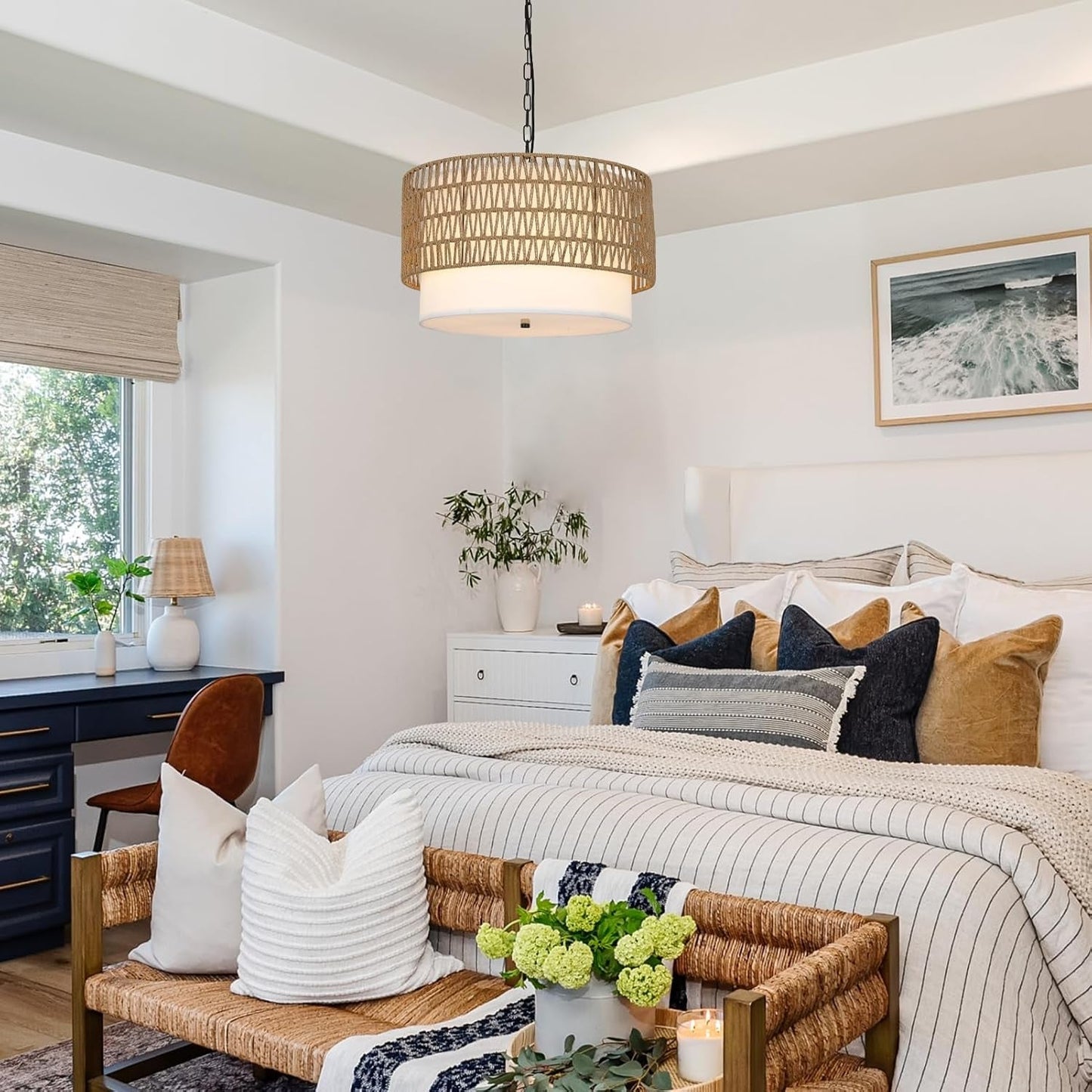 Farmhouse Rattan Boho Chandelier Rustic Pendant Lighting Fixture Ceiling Mounted