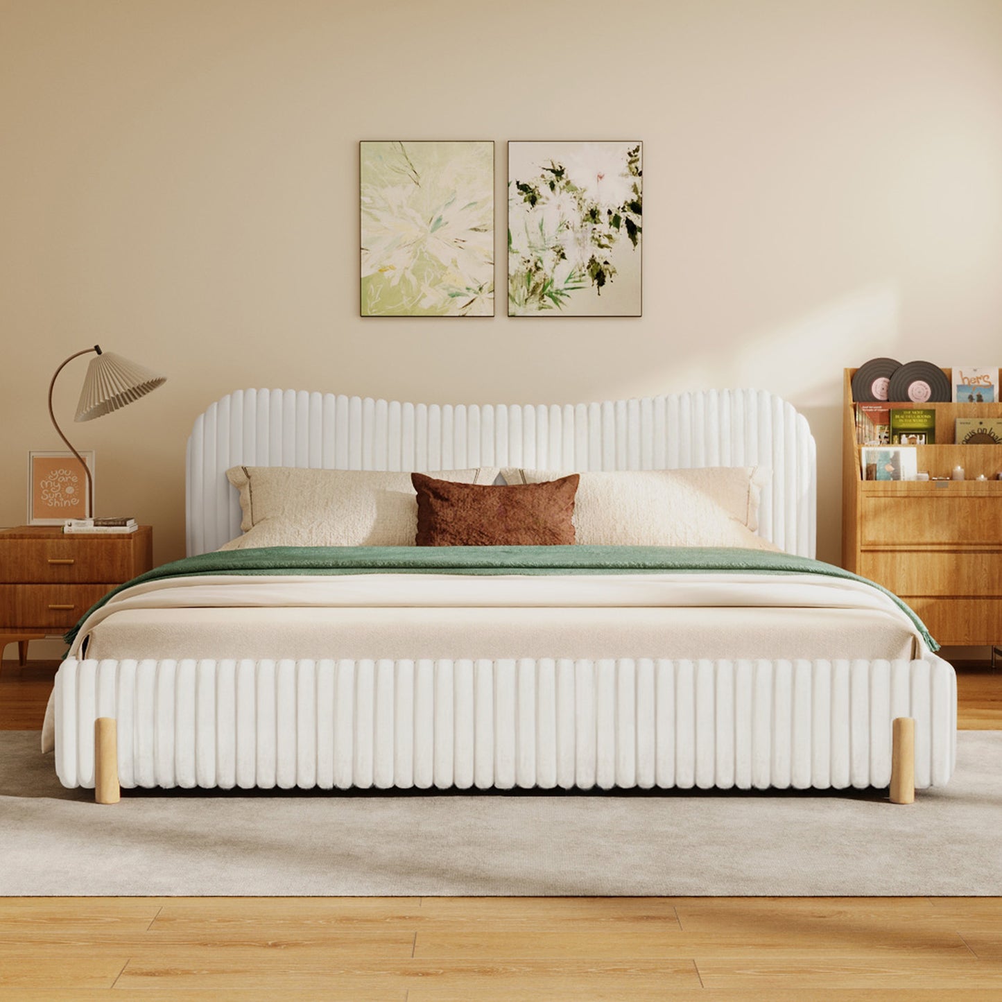 Sleek White Boucle Upholstered Bed with Wavy Headboard & Vertical Stitching, Queen