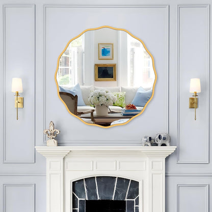 Gold round Mirror for Wall Decorative 24 Inch Modern Wavy Mirror Whit