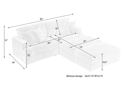 82 inches gray corduroy sofa, two storage feet +4 throw pillows,