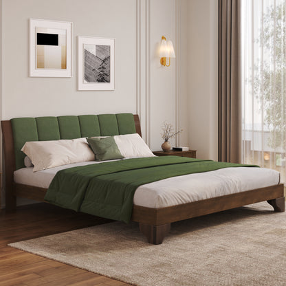 Premium Pine Wood King Bed Frame,King Size Bed Frame with Headboard Included,Mid Century Modern Bed,Walnut&Green Color