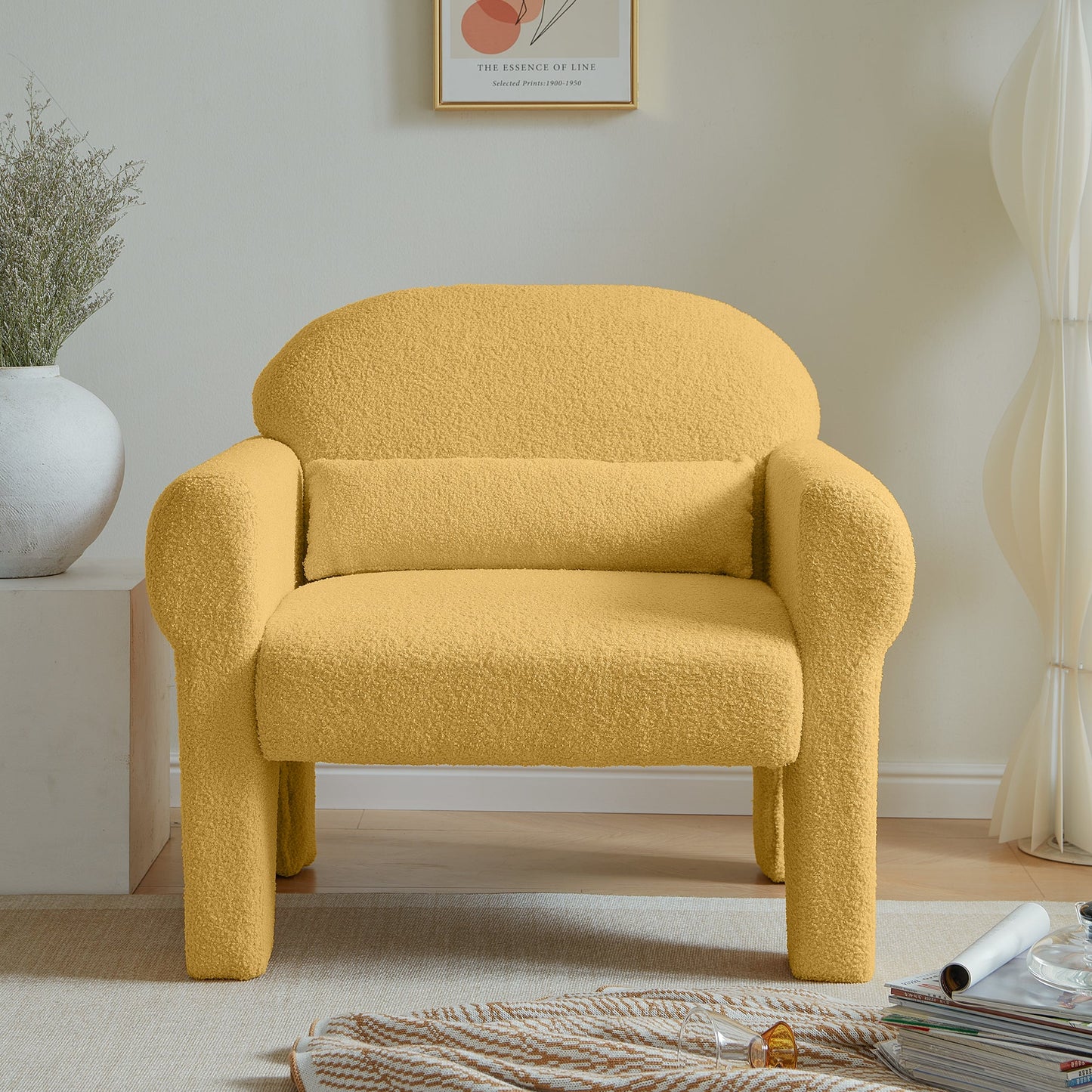 Modern Boucle Accent Chair with Lumbar Pillow for Living Room Seating & Decor